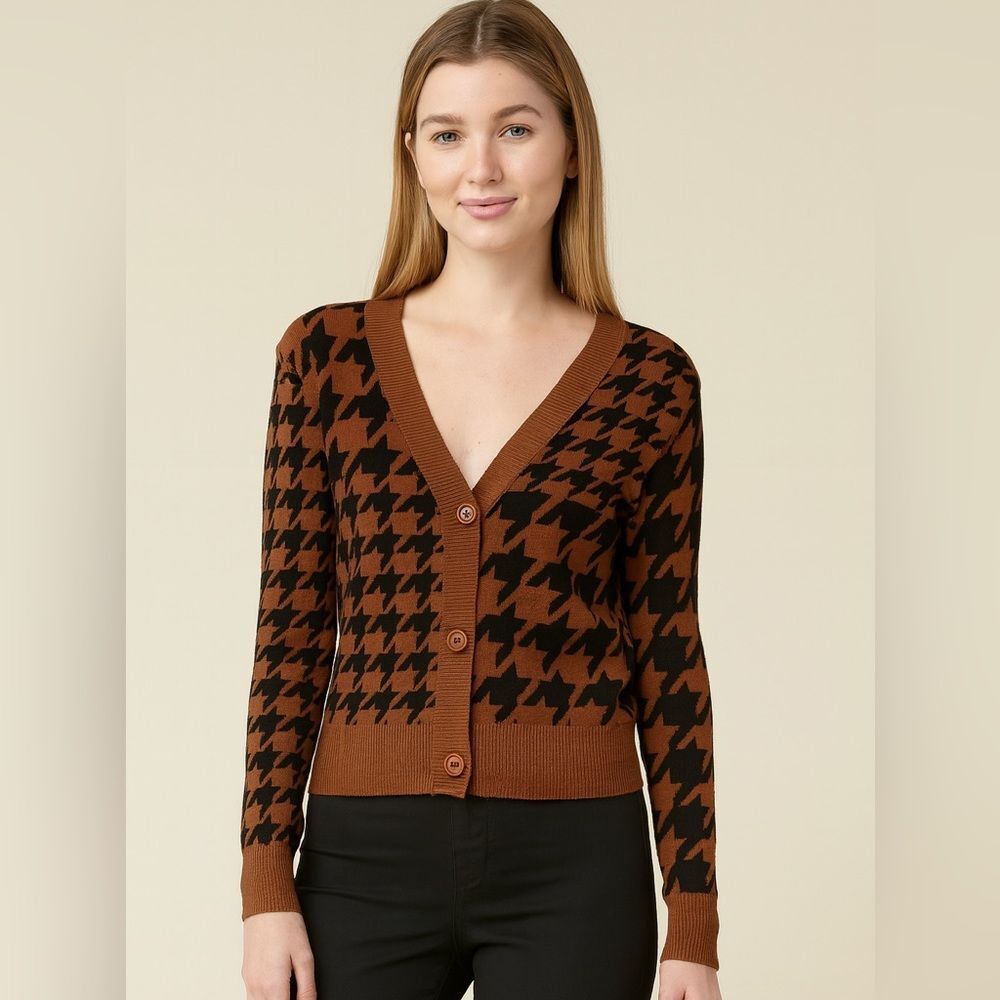 Philosophy Boxy Silhouette Houndstooth Print Brown Black Cardigan Small